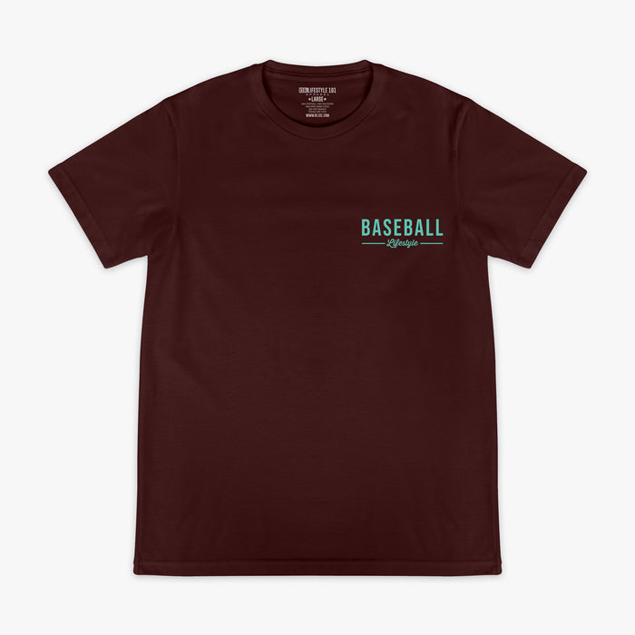 Brown t-shirt with 'BASEBALL LIFESTYLE' text on a white background