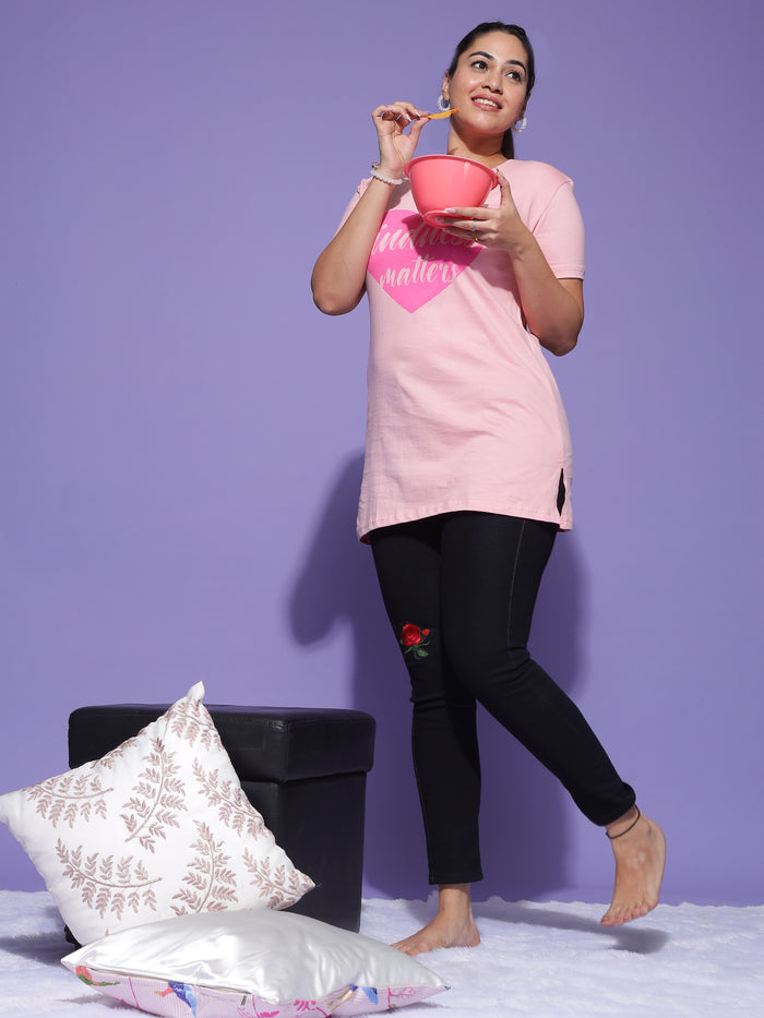 Chic Baby Pink Graphic Long T-Shirt for Women