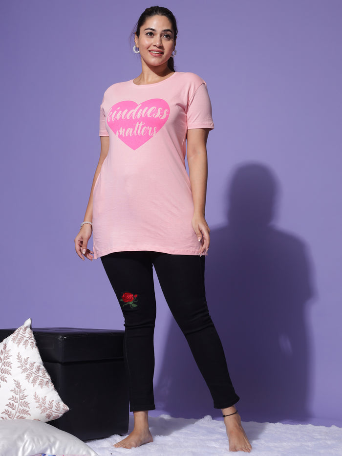 Chic Baby Pink Graphic Long T-Shirt for Women