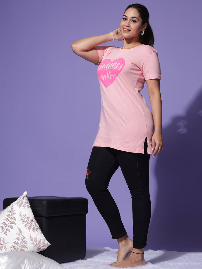 Chic Baby Pink Graphic Long T-Shirt for Women