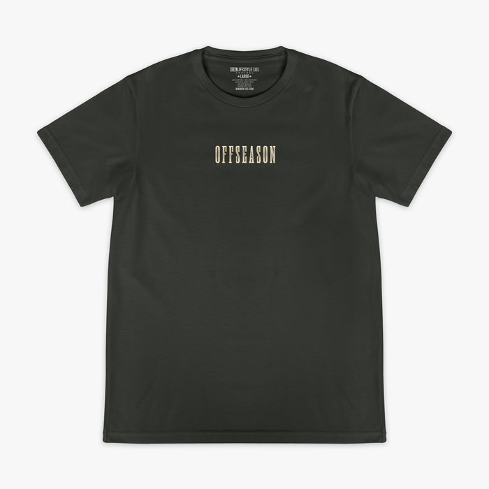 Dark Grey t-shirt with 'OFFSEASON' text on a white background