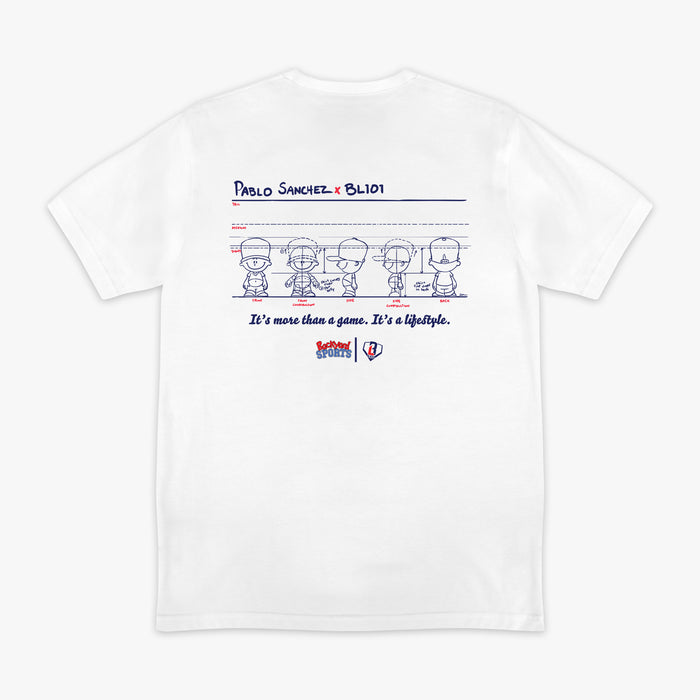 White t-shirt with Pablo Sanchez graphic design and Pablo Sanchez x BL101 text on a white background