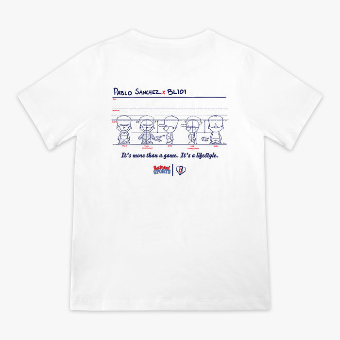 White t-shirt with Pablo Sanchez graphic design and Pablo Sanchez x BL101 text on a white background