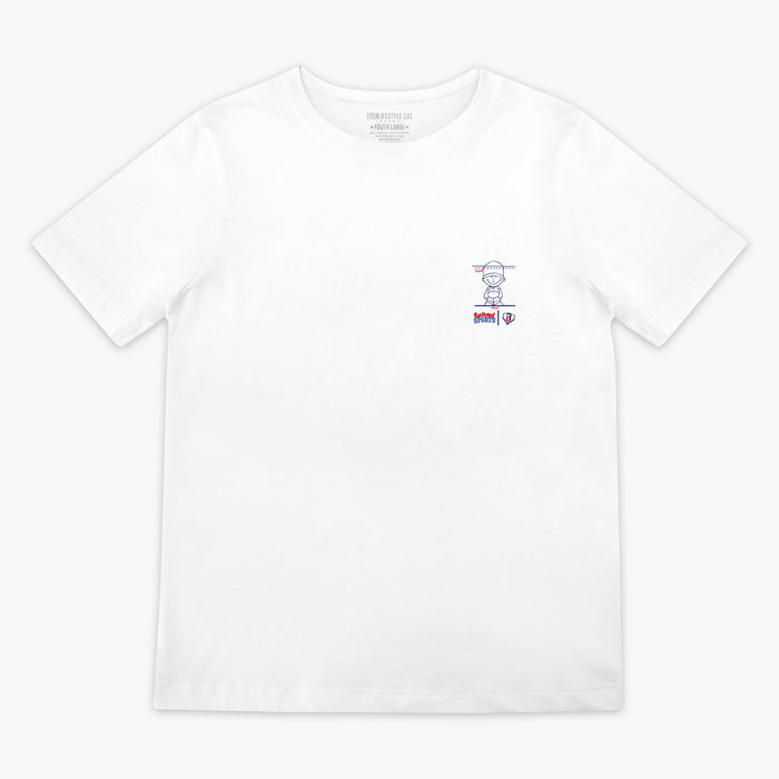 White t-shirt with a small Pablo Sanchez 
graphic on a white background