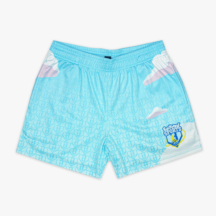 Light blue shorts with cloud pattern and BL101 logo on a white background