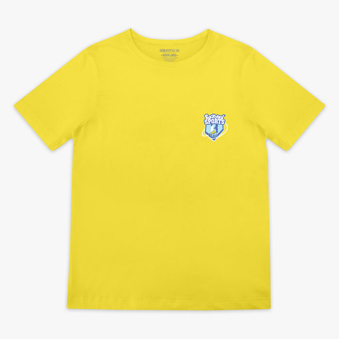 Yellow t-shirt with a 'Backyard Sports' BL101 logo on the chest against a white background