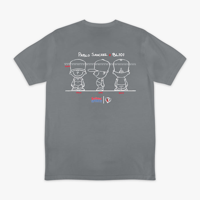 Gray t-shirt with a Pablo Sanchez graphic design on the back featuring 'Pablo Sanchez x BL101' text.