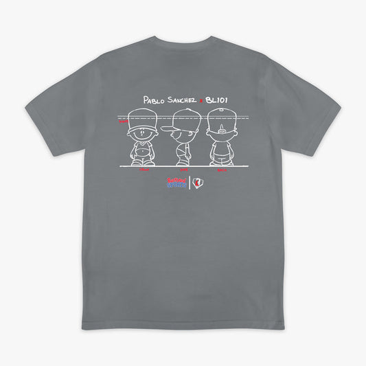 Gray t-shirt with a Pablo Sanchez graphic design on the back featuring 'Pablo Sanchez x BL101' text.
