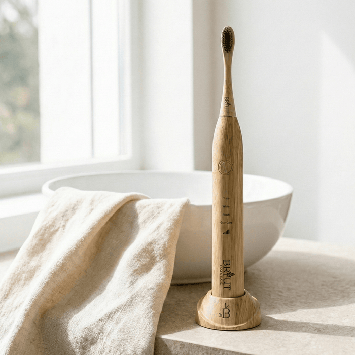 Close-up of natural bristle brush head on the Briut bamboo toothbrush