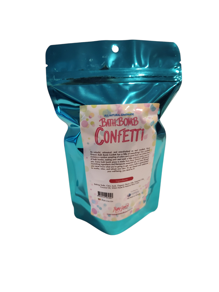 Colorful Roxy Grace bath bomb confetti with small, vibrant pieces perfect for relaxing bath routines.