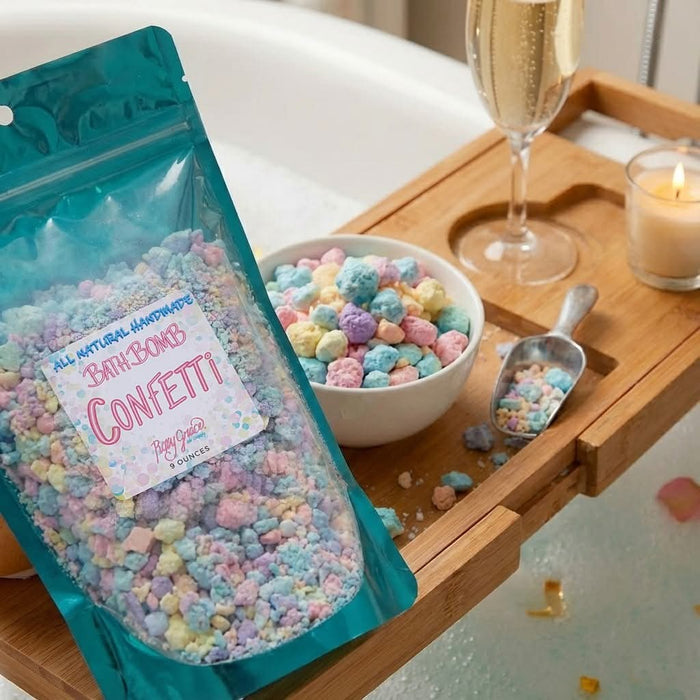Colorful Roxy Grace bath bomb confetti with vibrant, swirling hues and scattered pieces for a relaxing bath experience.