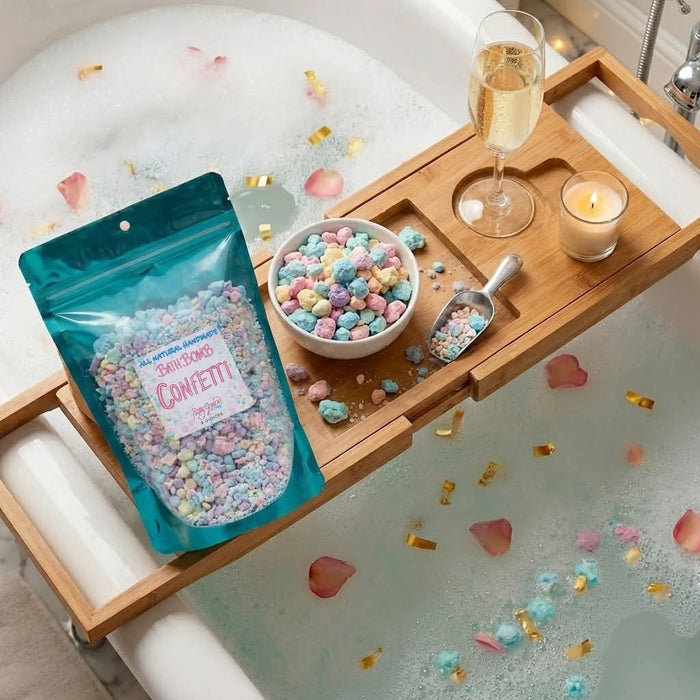 Colorful Roxy Grace Bath Bomb Confetti with vibrant, floating bath bombs and flower-shaped decorations in a relaxing bath scene.