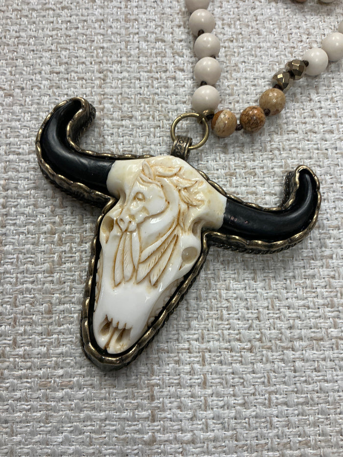 Beaded cow skull talisman necklace with colorful beads, American Unique Group jewelry, bohemian accessories for women.