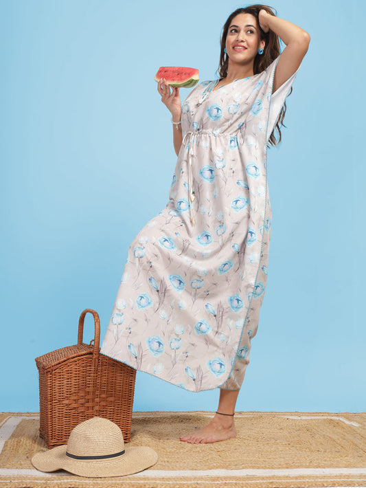 Beige Blue Poly Viscose Kaftan Nightdress for Women
