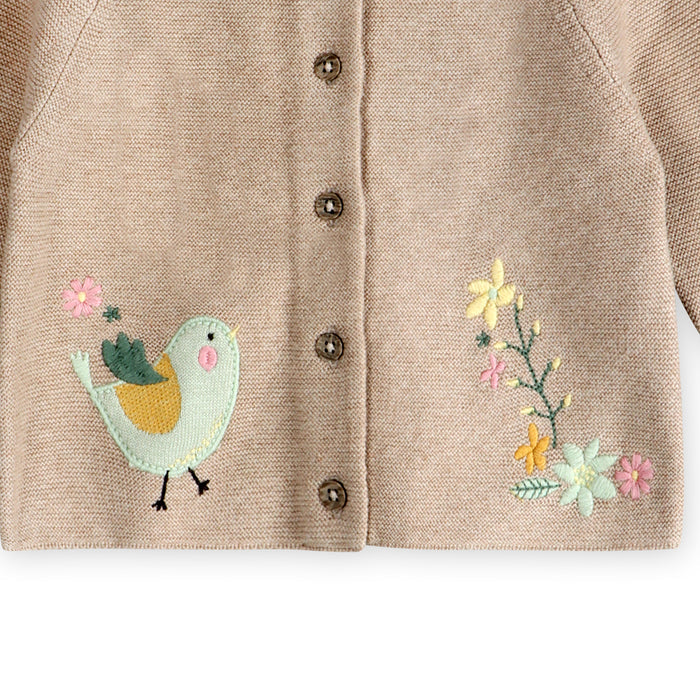 Bird Embroidered Baby Knit Cardigan Detail (Organic Cotton)