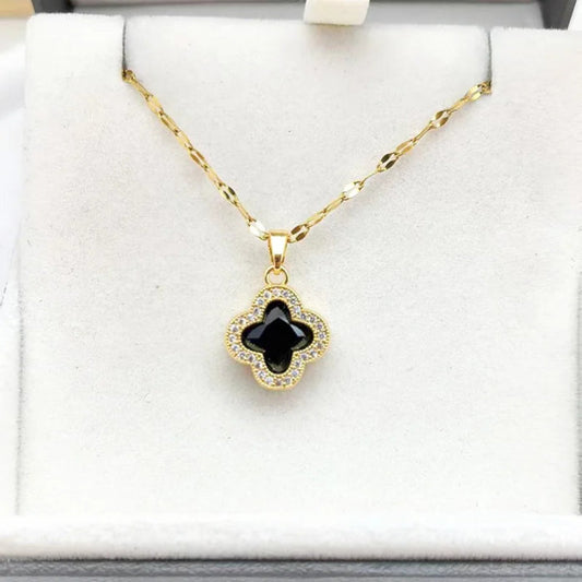 Black Gold Four-Leaf Clover CZ Crystal Women Fashion Jewelry Necklace