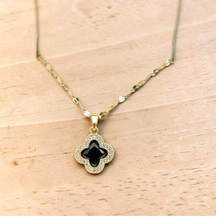 Black Gold Four-Leaf Clover CZ Crystal Women Fashion Jewelry Necklace