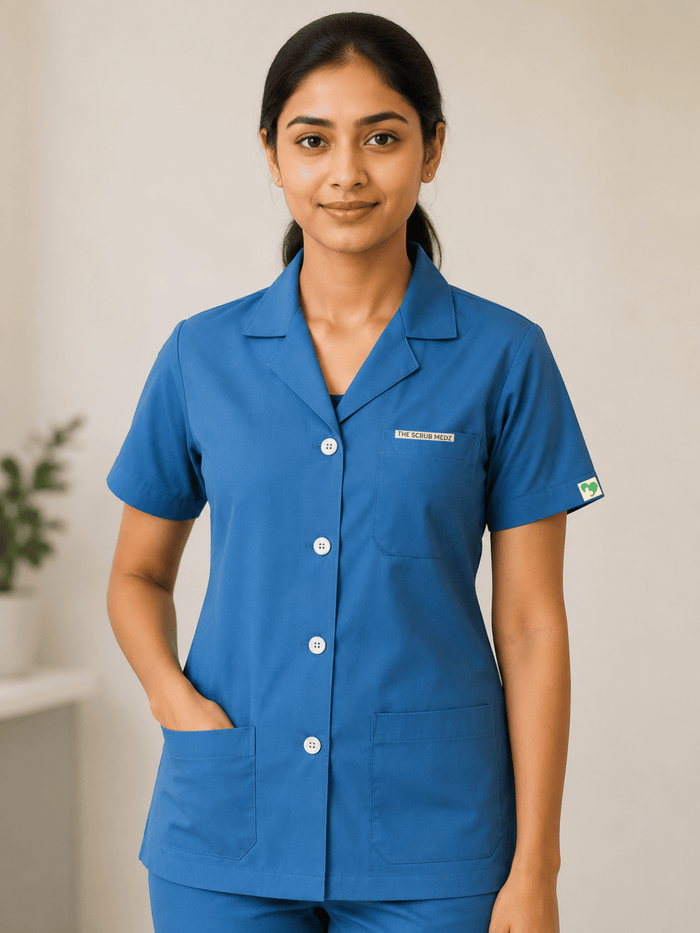 BLUE HALF SLEEVE LAB COAT FOR WOMEN