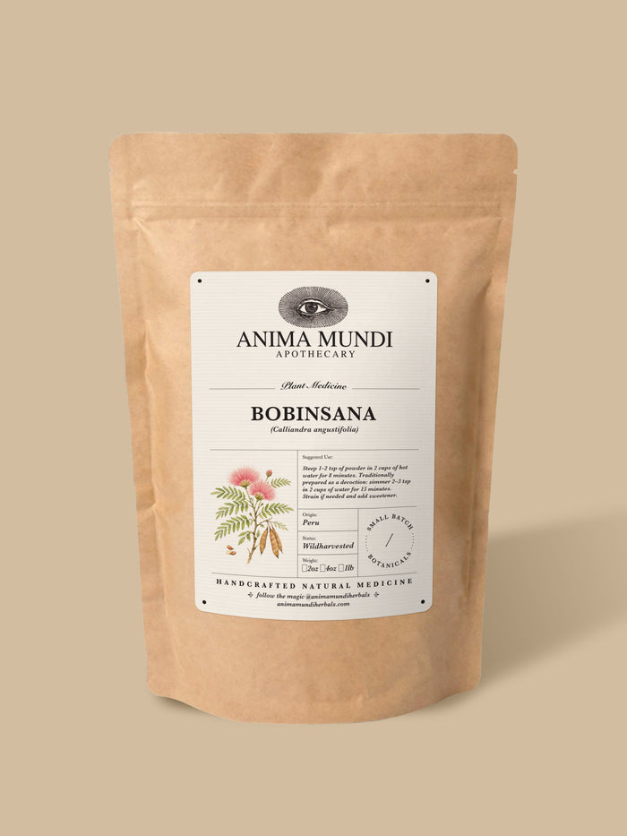 A kraft paper stand-up pouch of Anima Mundi Apothecary Bobinsana herbal medicine, shown against a solid beige background.