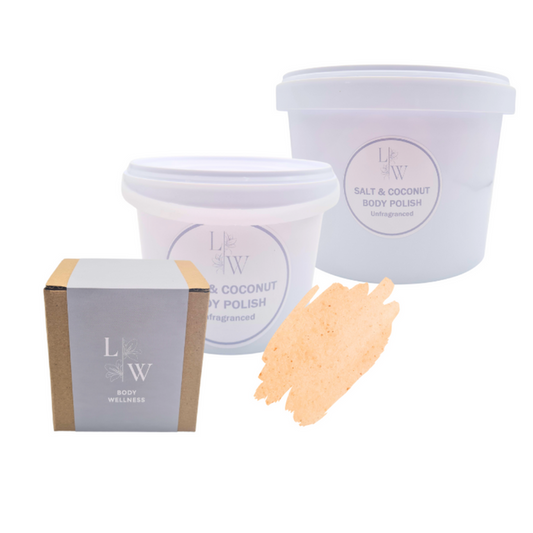 The image shows a box and two containers container of body salt scrub and a product swatch. The label has a white and grey-blue color scheme, and the product is labeled 'Salt & Coconut Body polish'.