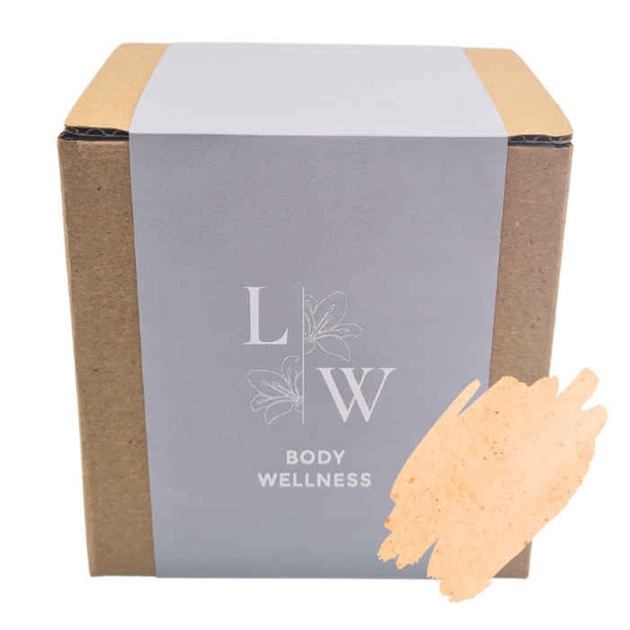 The image shows a box of body salt scrub sachets a product swatch. The label has a white and grey-blue color scheme, and the product is labeled Salt & Coconut Body polish.