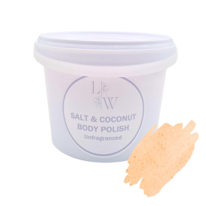 The image shows a container of body salt scrub and a product swatch. The label has a white and grey-blue color scheme, and the product is labeled 'Salt & Coconut Body polish'.