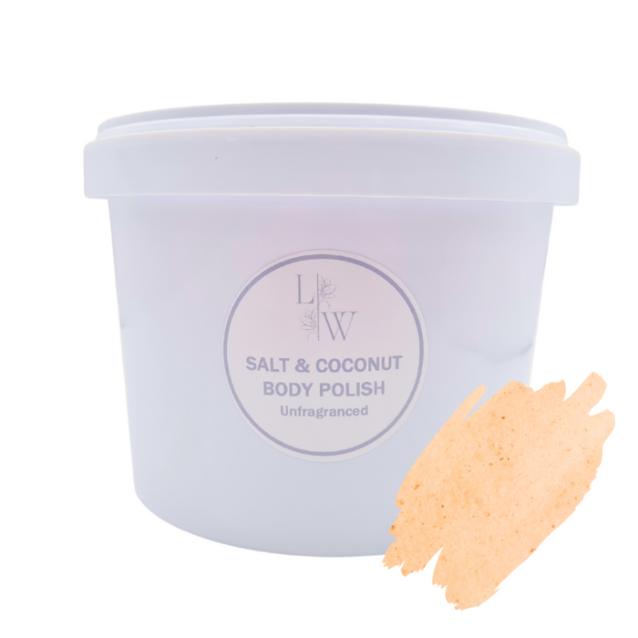 The image shows a container of body salt scrub and a product swatch. The label has a white and grey-blue color scheme, and the product is labeled 'Salt & Coconut Body polish'.