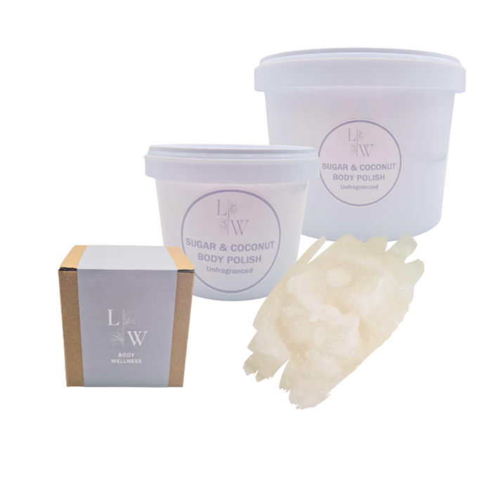 The image shows containers of body scrub with a small box, and a product swatch. The containers and box have a white and grey-blue color scheme, and the product is labeled 'Sugar & Coconut'.