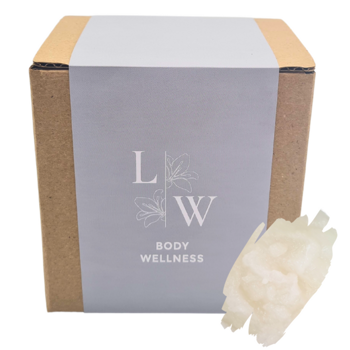 The image shows a box of body scrub sachets and a product swatch. The box have a white and grey-blue color scheme, and the product is labeled 'Sugar & Coconut'.