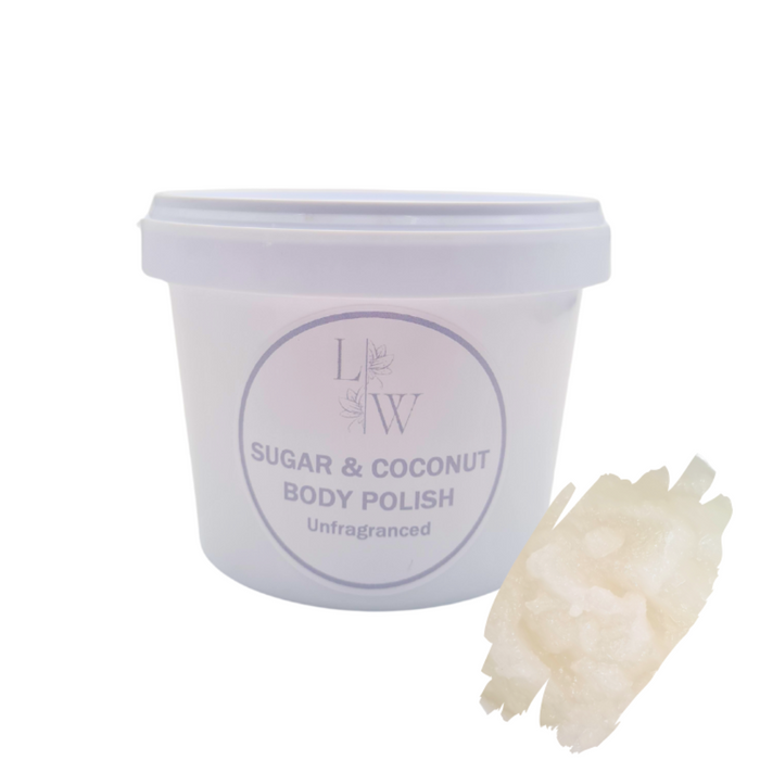 The image shows a one litre container of body scrub sachets and a product swatch. The label has a white and grey-blue color scheme, and the product is labeled 'Sugar & Coconut Body polish'.