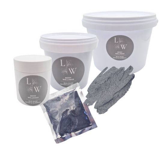 The image shows containers and a sachet box of body detox and slimming mask and a product swatch. The label has a white and grey-blue color scheme, and the product is labeled 'Detox Slimming Mud Mask'.