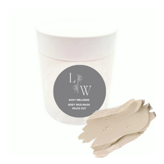 N  A container of body mud mask with a white label showing the brand logo and the words 'BODY WELLNESS BODY MUD MASK PEACE OUT'. Next to the container, there is a small amount of the beige mask spread out on a white surface.