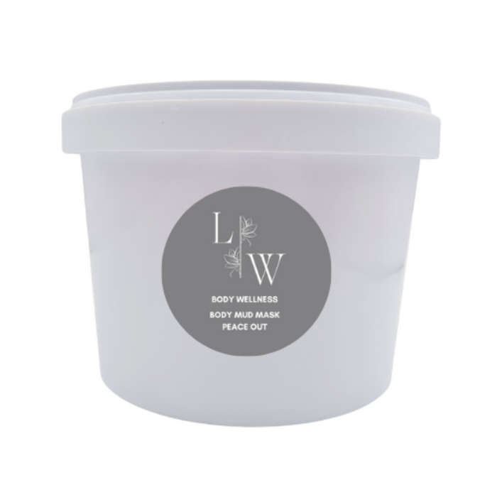 NO  A container of body mud mask with a white label showing the brand logo and the words 'BODY WELLNESS BODY MUD MASK PEACE OUT'. Next to the container, there is a small amount of the beige mask spread out on a white surface.