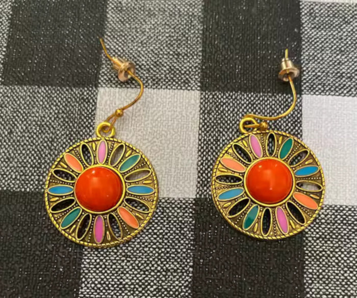 Bohemia Enamel Round Drop Dangle Earrings Ethnic Floral Statement Jewelry