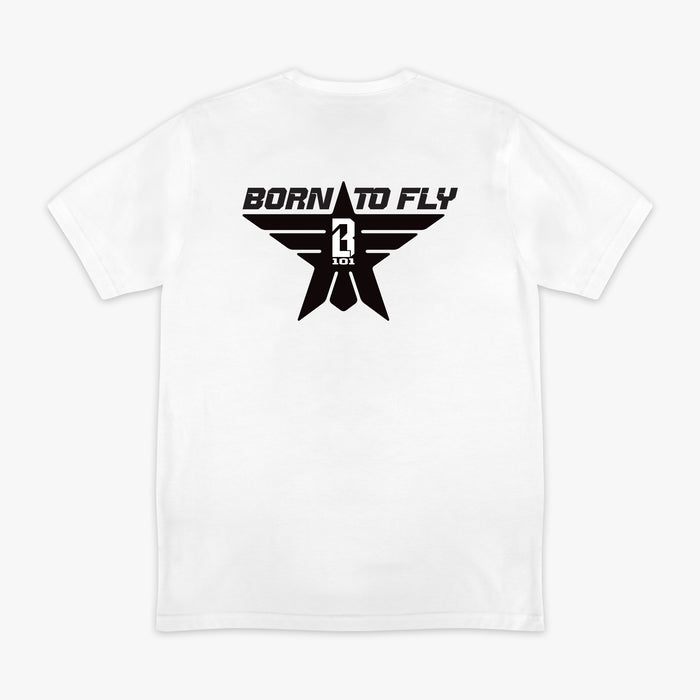 White t-shirt with black “BORN TO FLY” lettering, black star, and white BL101 logo centered inside the star