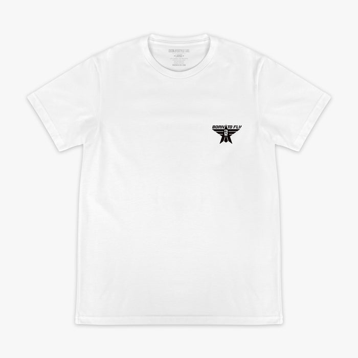 White t-shirt with black “BORN TO FLY” lettering, black star, and white BL101 logo inside the star positioned on the top corner of the shirt