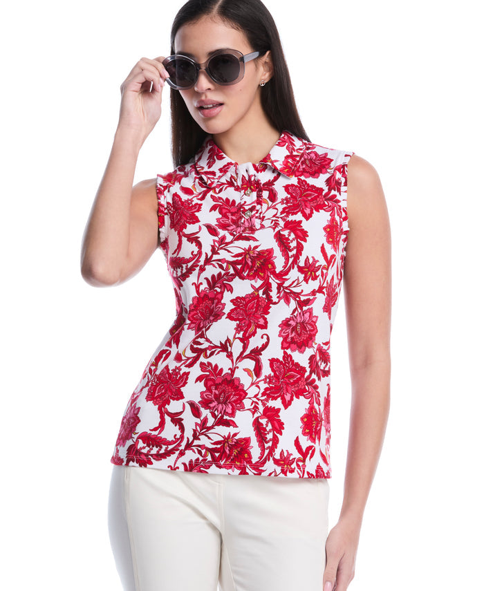 Botanical Print Ruffle Trim Polo (Raspberry)