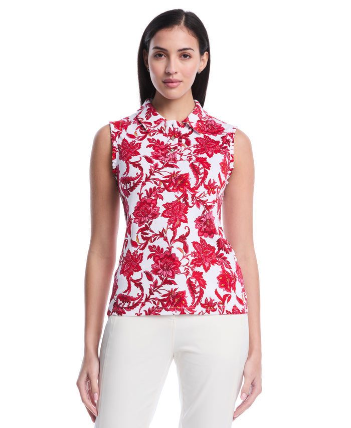 Botanical Print Ruffle Trim Polo (Raspberry)