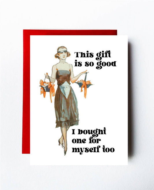 The Twentieth "Bought One for Myself Too" greeting card featuring playful handwritten text and colorful design.