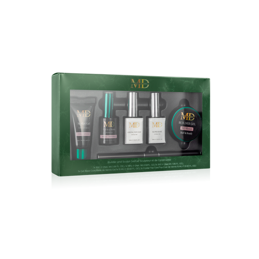 Gel product set with bottles and a tube in a green box on a white background