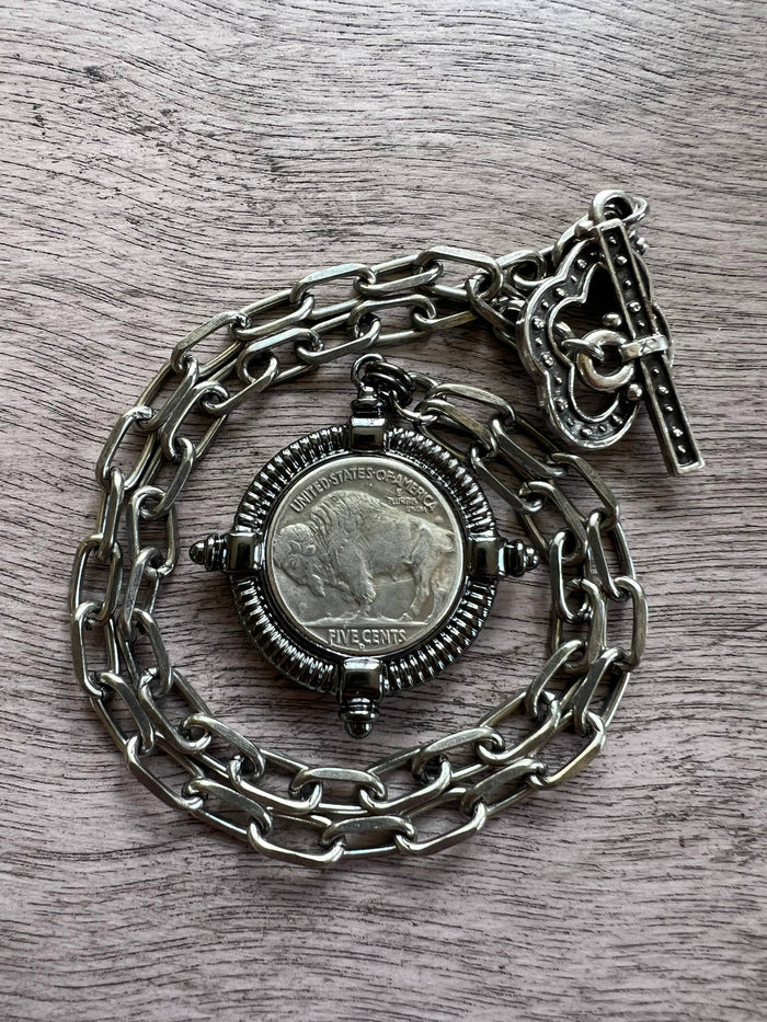 Chasing Cherubs Buffalo necklace with detailed buffalo pendant on a silver chain, stylish boho jewelry accessory