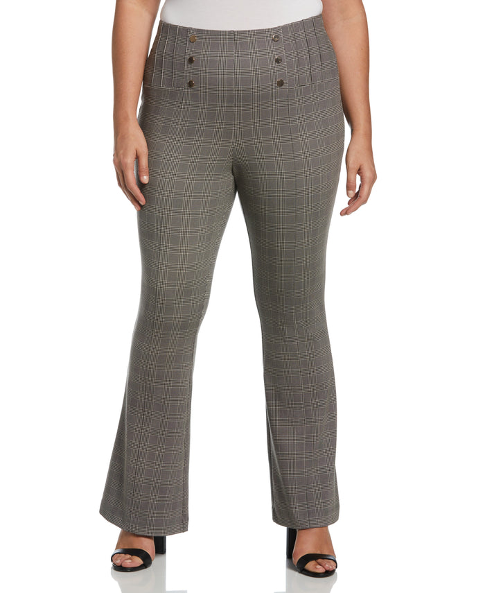 Button Detail Plaid Bootcut Pant (Stone)