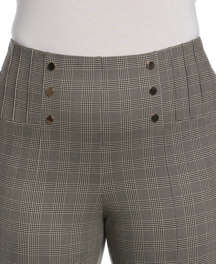Button Detail Plaid Bootcut Pant (Stone)