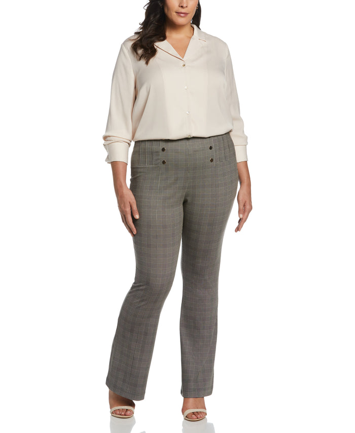 Button Detail Plaid Bootcut Pant (Stone)