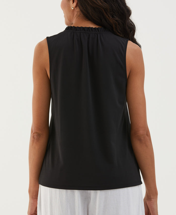 Button Front Ruffle Tank Top (Black)