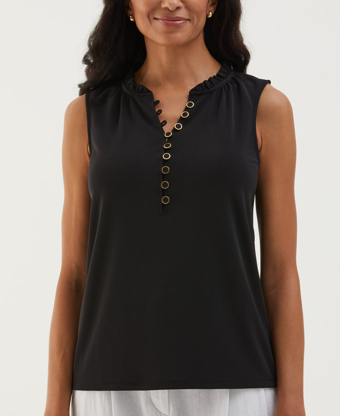 Button Front Ruffle Tank Top (Black)