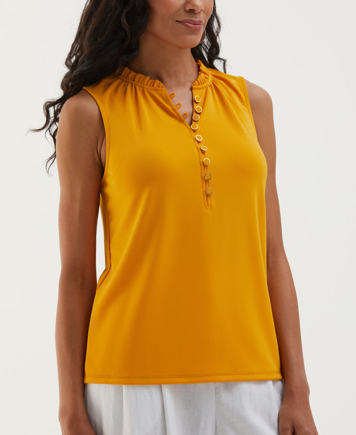 Button Front Ruffle Tank Top (Golden Glow)