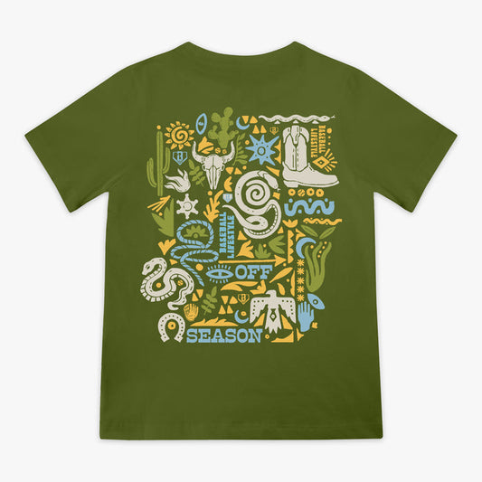 Green t-shirt with colorful desert graphic design on a white background