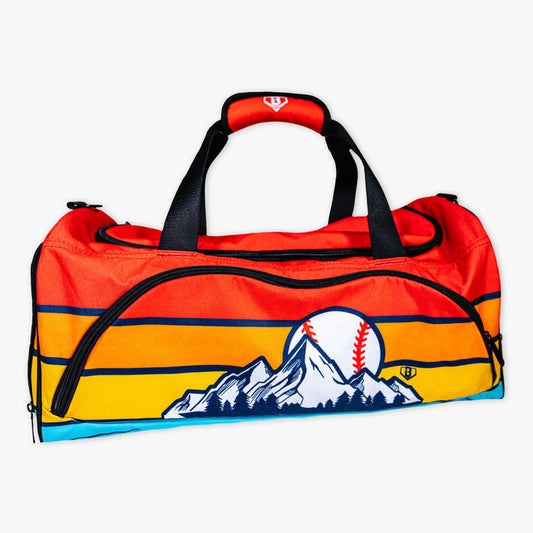 Camp Duffel Bag baseball retro mountain sunrise graphic red orange gold teal
