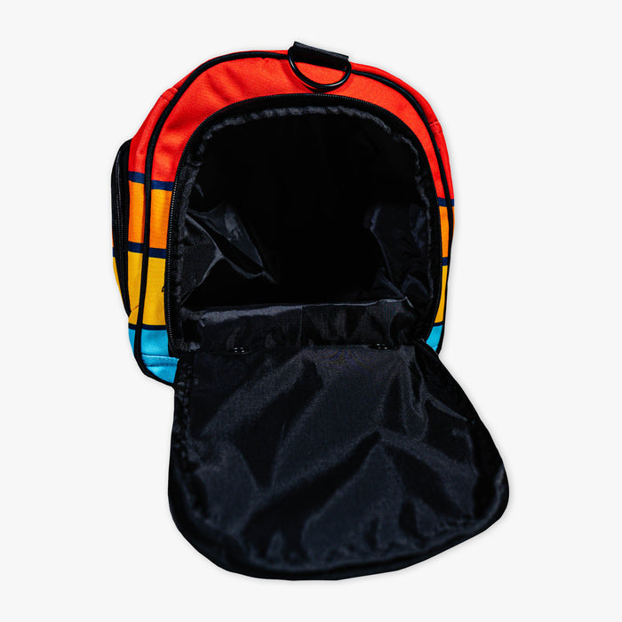 Camp Duffel Bag baseball end pocket unzipped red orange gold teal
